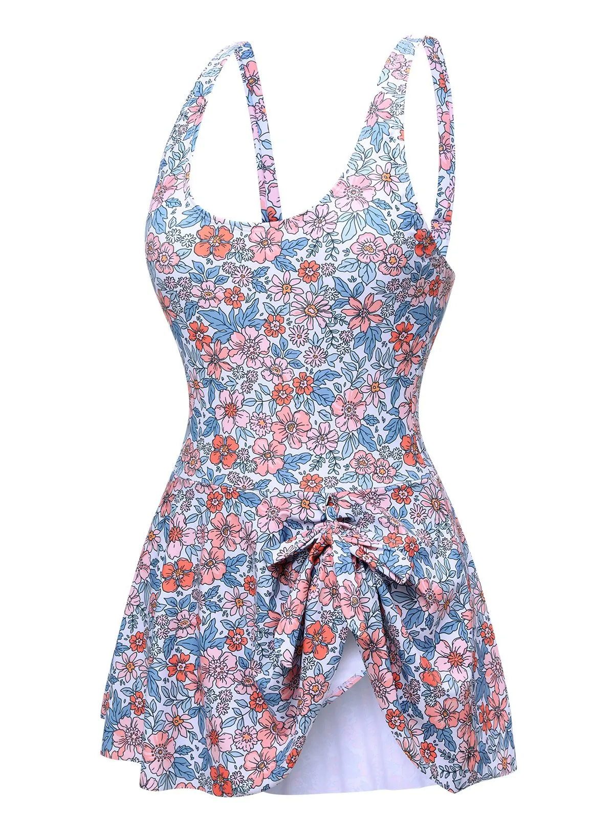 1950s Floral Knot Wide Strap Skirt Swimsuit