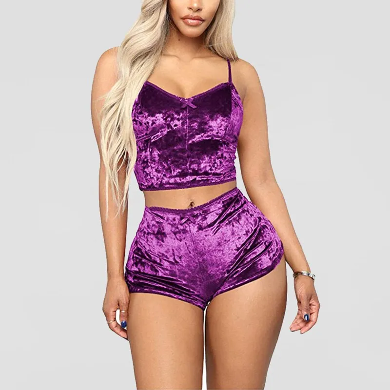 2pcs Velvet Sexy Shorts Pajama Party Set Women's Top and Shorts Pajamas