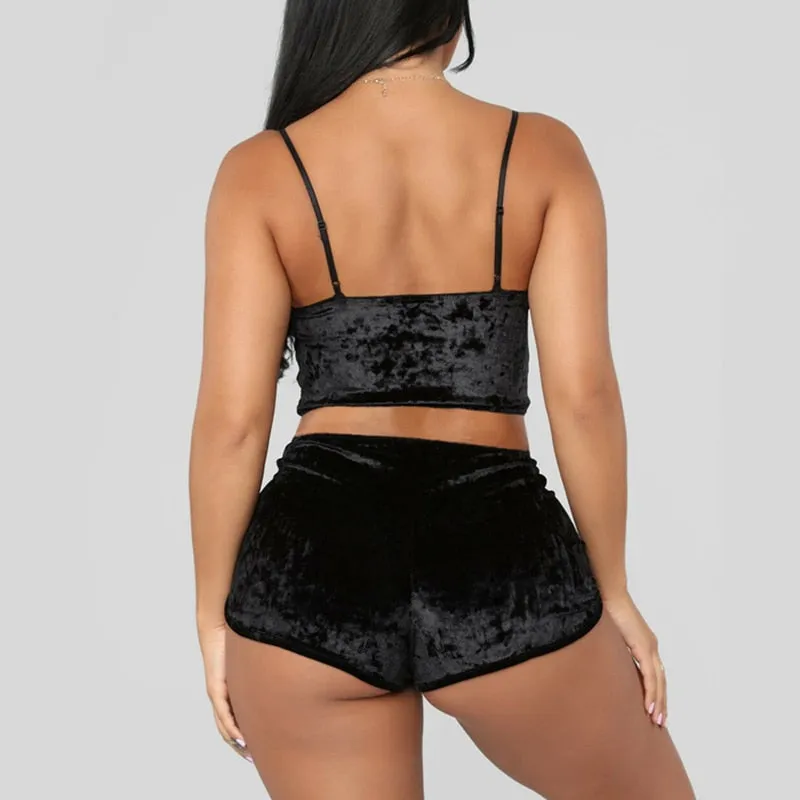 2pcs Velvet Sexy Shorts Pajama Party Set Women's Top and Shorts Pajamas