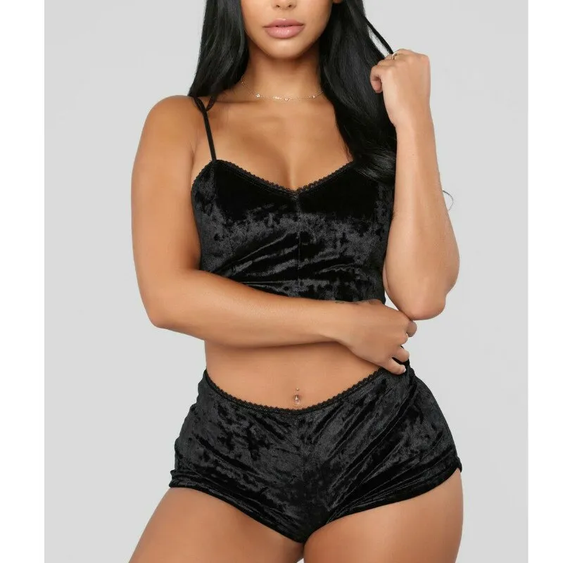 2pcs Velvet Sexy Shorts Pajama Party Set Women's Top and Shorts Pajamas
