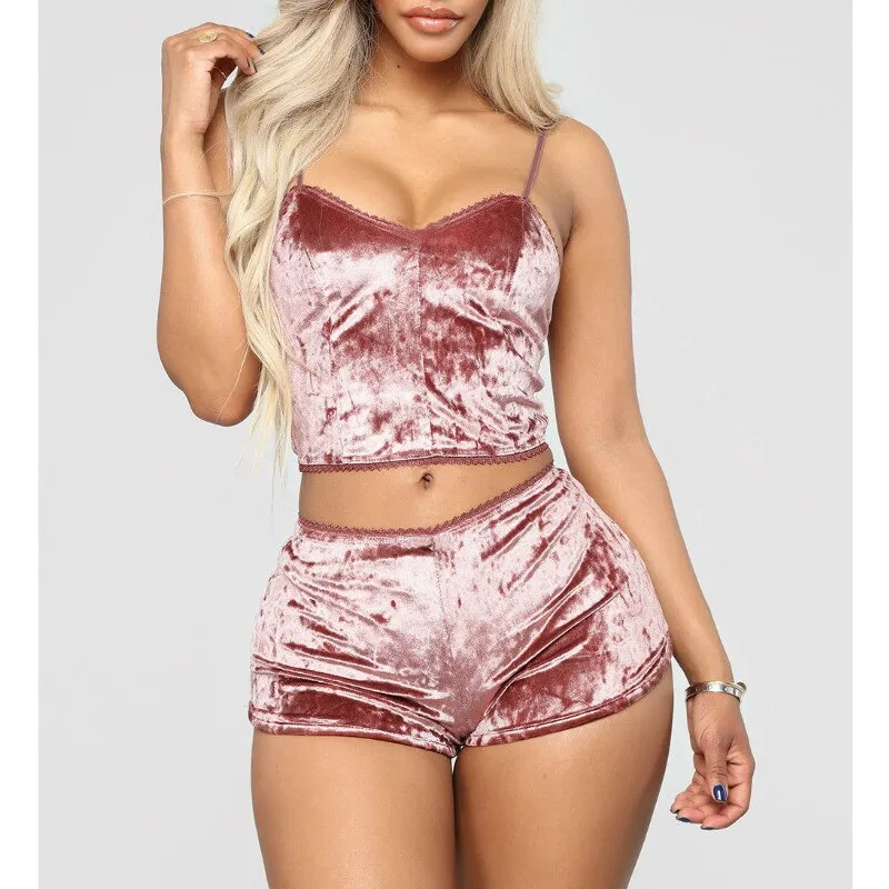 2pcs Velvet Sexy Shorts Pajama Party Set Women's Top and Shorts Pajamas