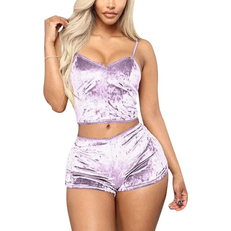 2pcs Velvet Sexy Shorts Pajama Party Set Women's Top and Shorts Pajamas