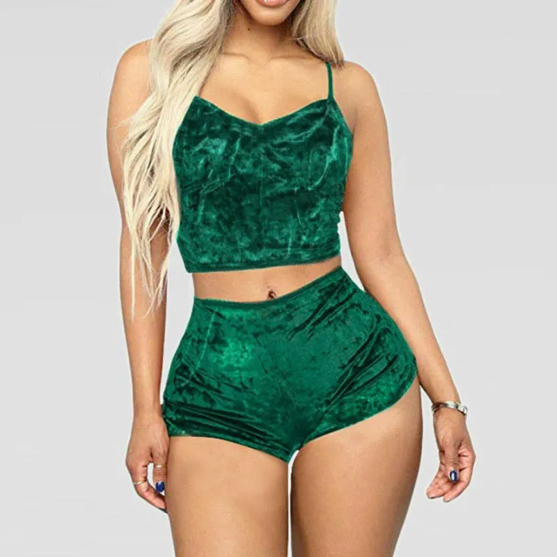 2pcs Velvet Sexy Shorts Pajama Party Set Women's Top and Shorts Pajamas