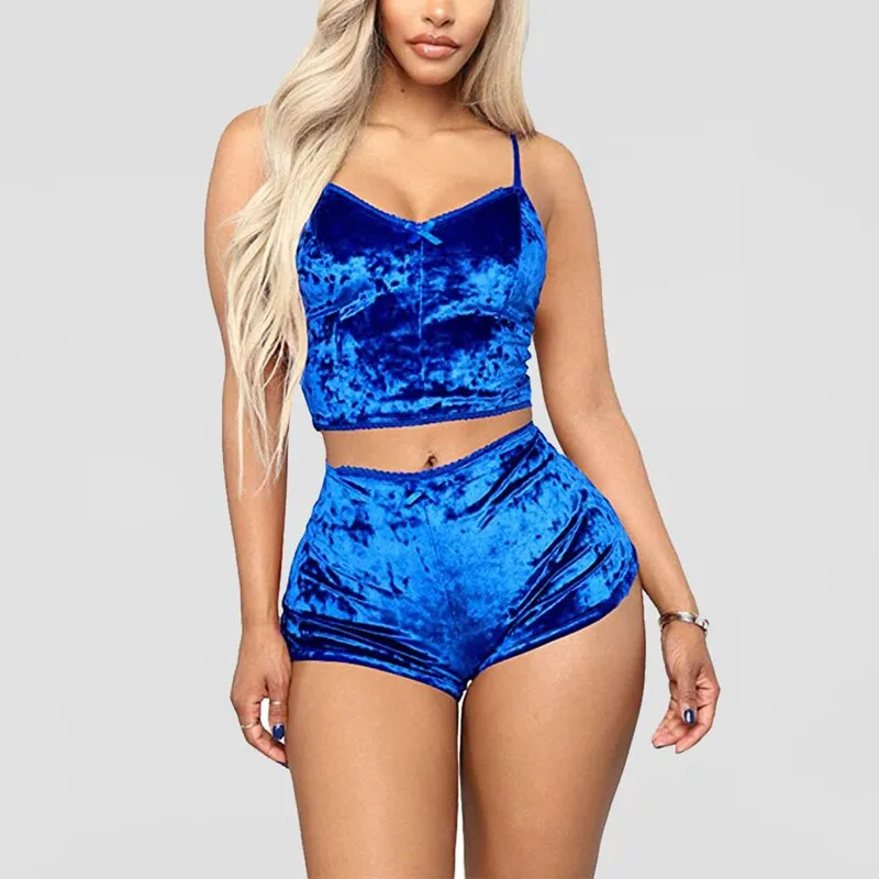2pcs Velvet Sexy Shorts Pajama Party Set Women's Top and Shorts Pajamas