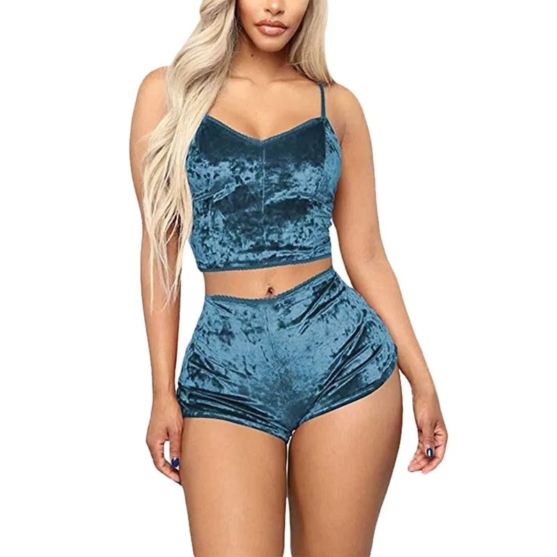 2pcs Velvet Sexy Shorts Pajama Party Set Women's Top and Shorts Pajamas