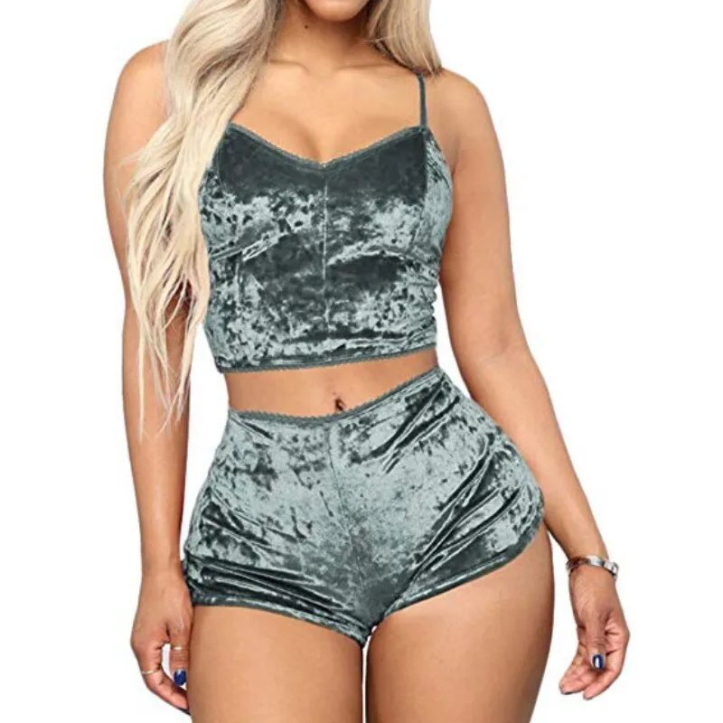 2pcs Velvet Sexy Shorts Pajama Party Set Women's Top and Shorts Pajamas