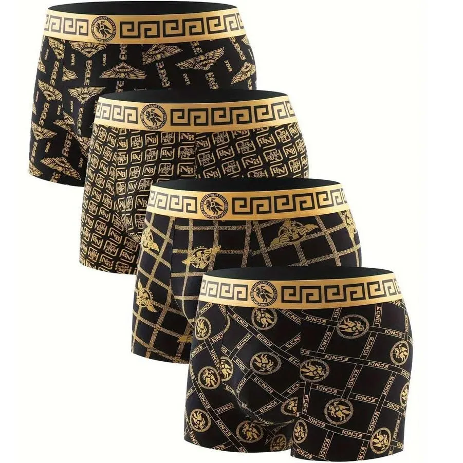 4-Pieces: Men's Luxury Black Golden Print Mid-Waist Boxer Brief