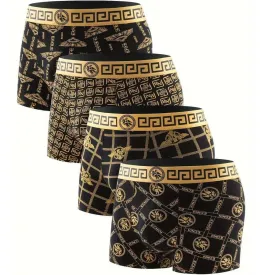 4-Pieces: Men's Luxury Black Golden Print Mid-Waist Boxer Brief