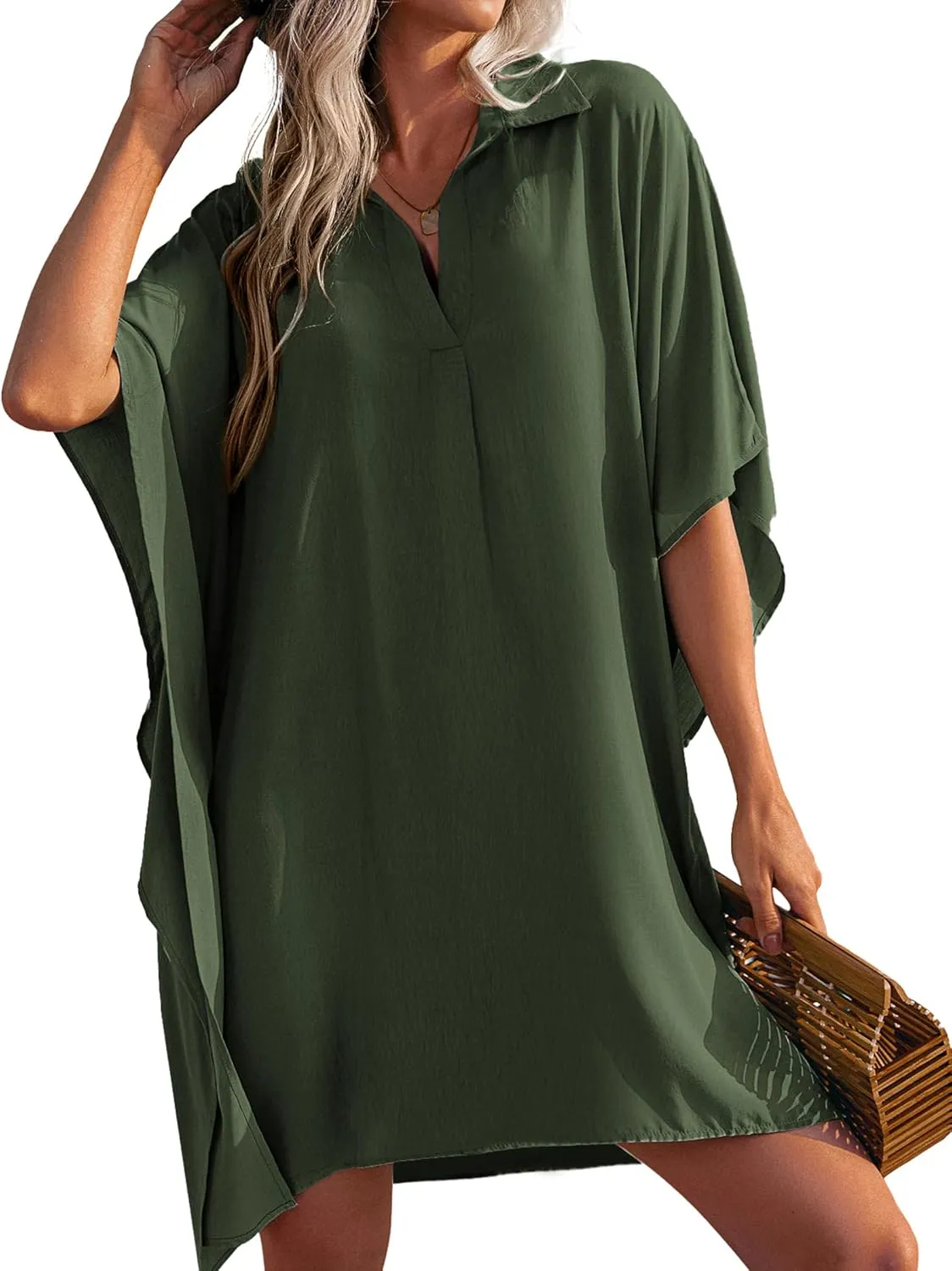 AI'MAGE Womens Swimsuit Beach Cover Up Shirt Summer 3/4 Sleeve Bathing Suit Beach Dress Oversized Bikini Coverups S-3XL