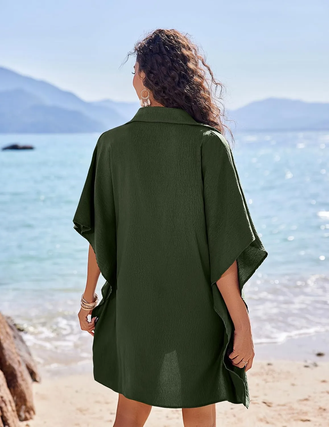AI'MAGE Womens Swimsuit Beach Cover Up Shirt Summer 3/4 Sleeve Bathing Suit Beach Dress Oversized Bikini Coverups S-3XL