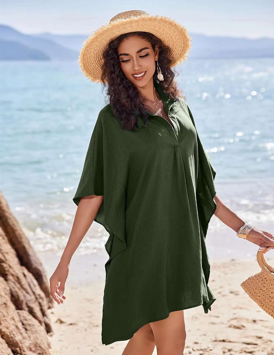 AI'MAGE Womens Swimsuit Beach Cover Up Shirt Summer 3/4 Sleeve Bathing Suit Beach Dress Oversized Bikini Coverups S-3XL