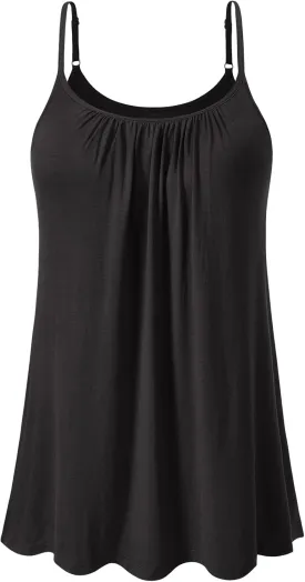 Air Curvey Camisole for Women Bulid in Bra Casual Flowy Cami Adjustable Spaghetti Strap Tank Top Pleated Loose Fit S-XXXXL