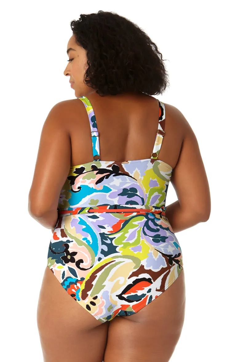 Anne Cole Plus - Women's Belted Square Neck One Piece Swimsuit