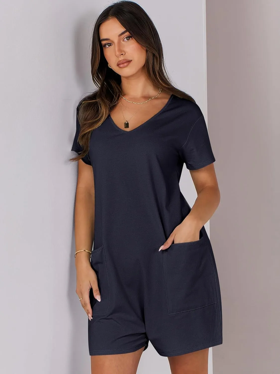 ANRABESS Rompers for Women Summer Casual Short Sleeve Jumpsuits V Neck Loose Fit One Piece Outfits with Pockets 2025 Clothes