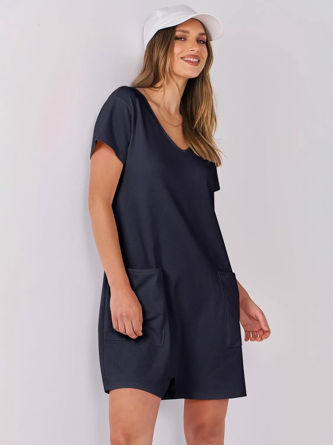 ANRABESS Rompers for Women Summer Casual Short Sleeve Jumpsuits V Neck Loose Fit One Piece Outfits with Pockets 2025 Clothes