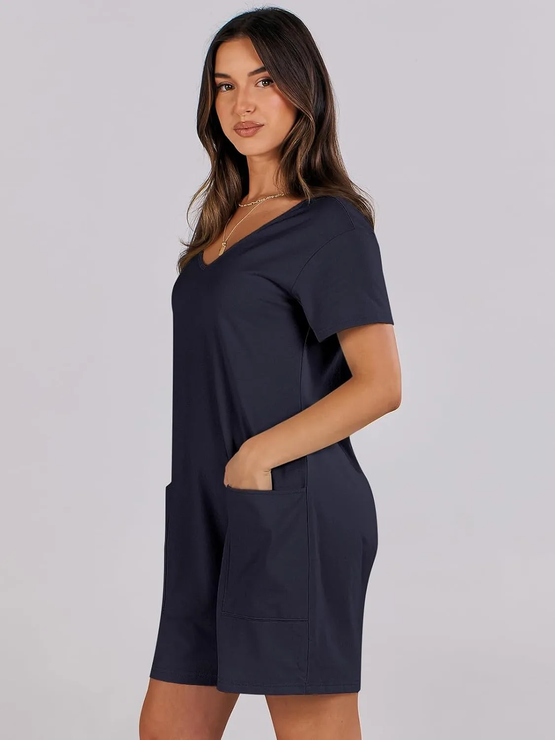 ANRABESS Rompers for Women Summer Casual Short Sleeve Jumpsuits V Neck Loose Fit One Piece Outfits with Pockets 2025 Clothes