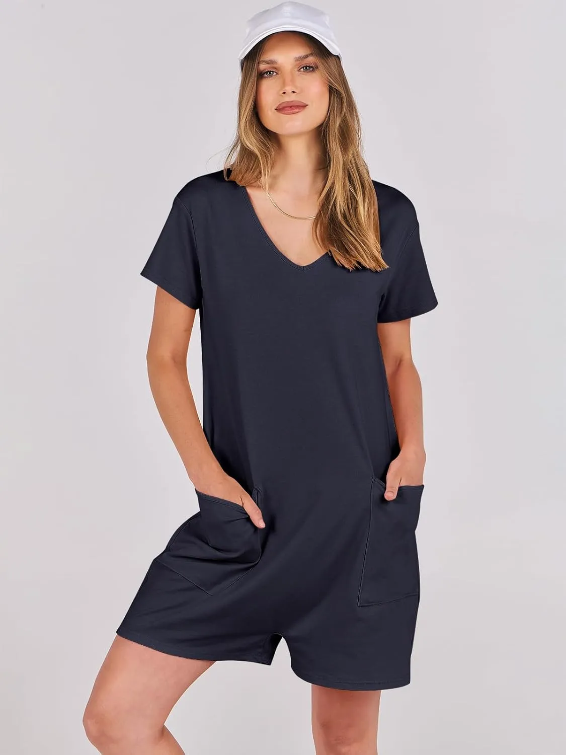 ANRABESS Rompers for Women Summer Casual Short Sleeve Jumpsuits V Neck Loose Fit One Piece Outfits with Pockets 2025 Clothes