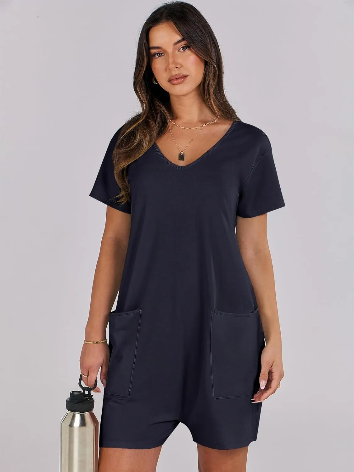 ANRABESS Rompers for Women Summer Casual Short Sleeve Jumpsuits V Neck Loose Fit One Piece Outfits with Pockets 2025 Clothes