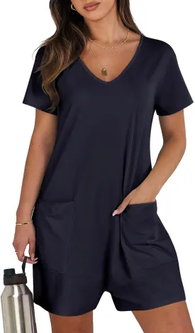ANRABESS Rompers for Women Summer Casual Short Sleeve Jumpsuits V Neck Loose Fit One Piece Outfits with Pockets 2025 Clothes