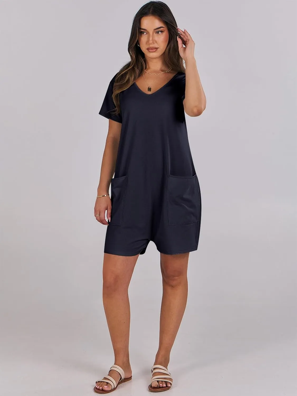 ANRABESS Rompers for Women Summer Casual Short Sleeve Jumpsuits V Neck Loose Fit One Piece Outfits with Pockets 2025 Clothes