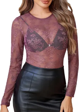 Avidlove Lace Mesh Top for Women Long Sleeve Crew Neck Sheer Blouse See Through Floral Lace Tops
