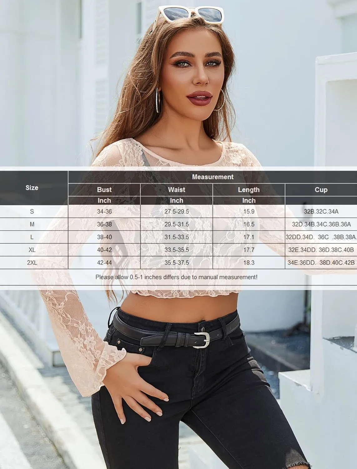 Avidlove Mesh Top Women Long Sleeve Crew Neck Sheer Blouse See Through Floral Lace Tops