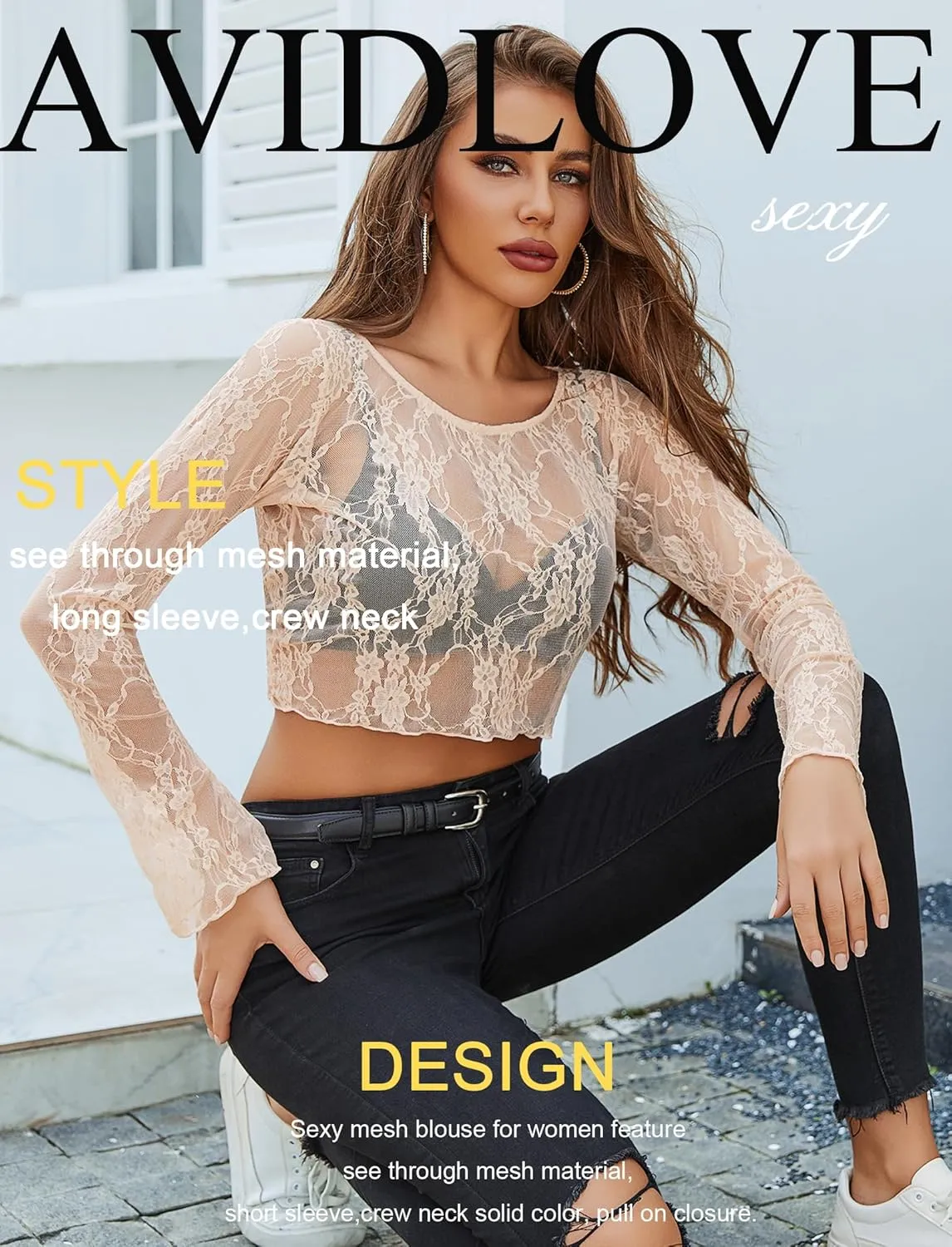 Avidlove Mesh Top Women Long Sleeve Crew Neck Sheer Blouse See Through Floral Lace Tops