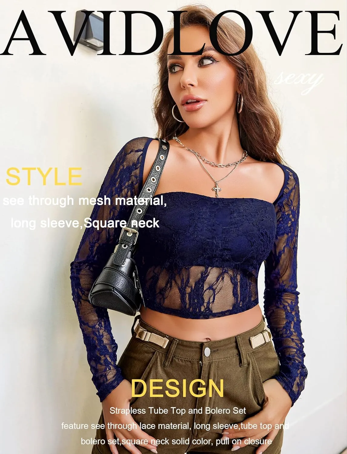 Avidlove Women's Mesh Tops Lace Long Sleeve Going Out Tops Square Neck Crop Top Shirt Strapless Tube Top and Bolero Set