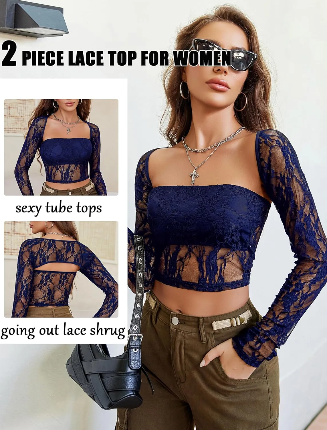 Avidlove Women's Mesh Tops Lace Long Sleeve Going Out Tops Square Neck Crop Top Shirt Strapless Tube Top and Bolero Set