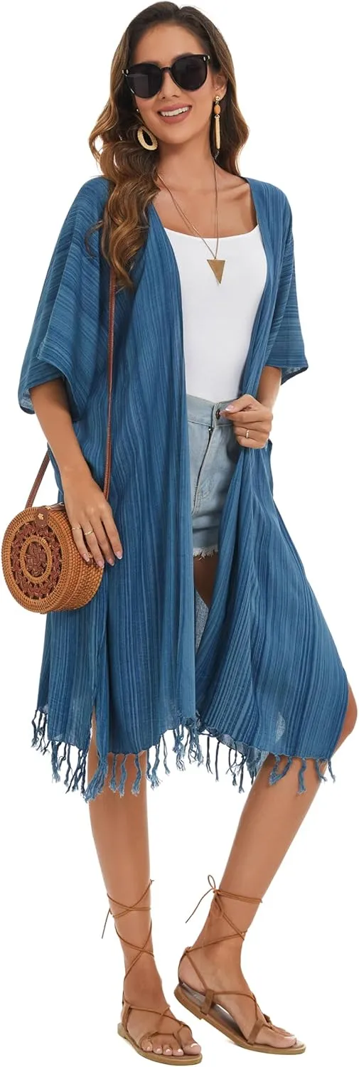 Beautybatik Multicoloured Women Hippie Gypsy Stripe Printed Kimono Cardigan Shawl Wrap Swimsuit Cover Up Jacket One Size