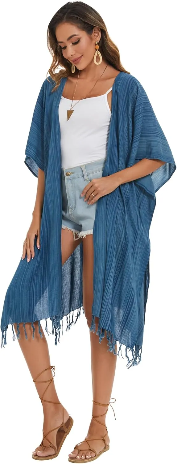 Beautybatik Multicoloured Women Hippie Gypsy Stripe Printed Kimono Cardigan Shawl Wrap Swimsuit Cover Up Jacket One Size