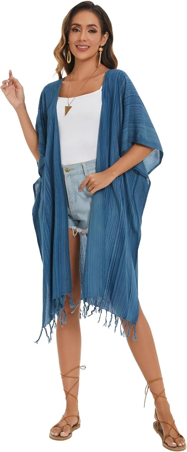 Beautybatik Multicoloured Women Hippie Gypsy Stripe Printed Kimono Cardigan Shawl Wrap Swimsuit Cover Up Jacket One Size