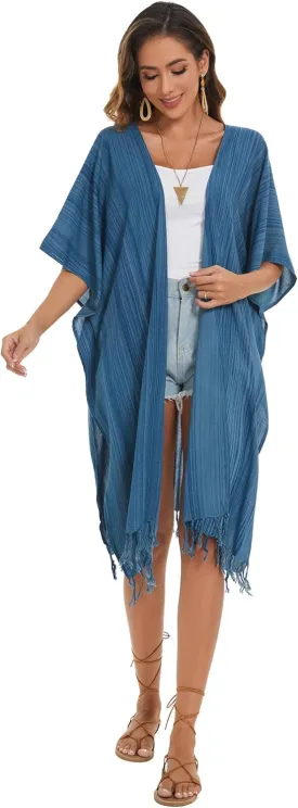 Beautybatik Multicoloured Women Hippie Gypsy Stripe Printed Kimono Cardigan Shawl Wrap Swimsuit Cover Up Jacket One Size