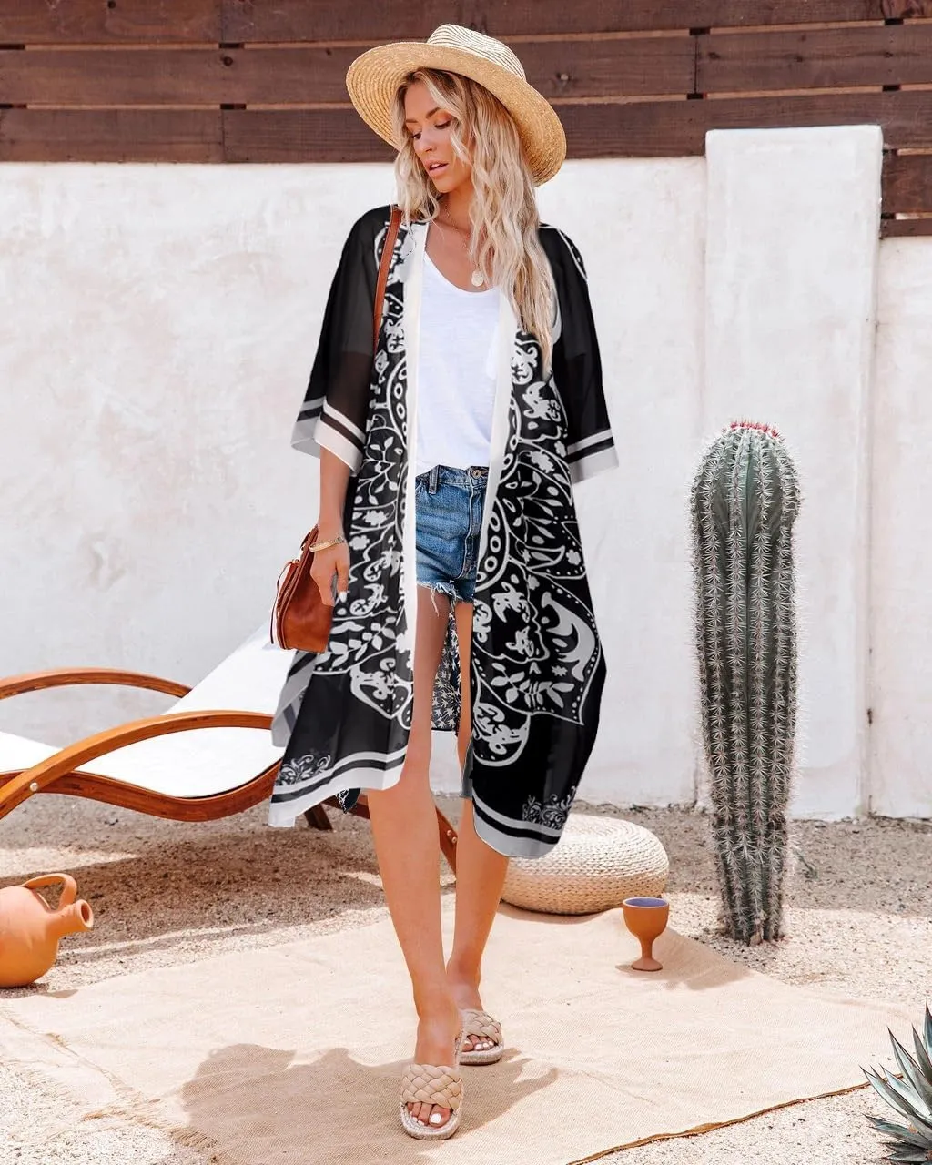 Bestshe Womens Bohemian Kimono Cardigans Fashion Floral Beach Cover Up Casual Loose Swimsuit Cardigan