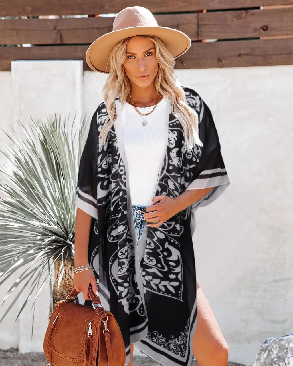 Bestshe Womens Bohemian Kimono Cardigans Fashion Floral Beach Cover Up Casual Loose Swimsuit Cardigan