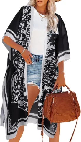 Bestshe Womens Bohemian Kimono Cardigans Fashion Floral Beach Cover Up Casual Loose Swimsuit Cardigan