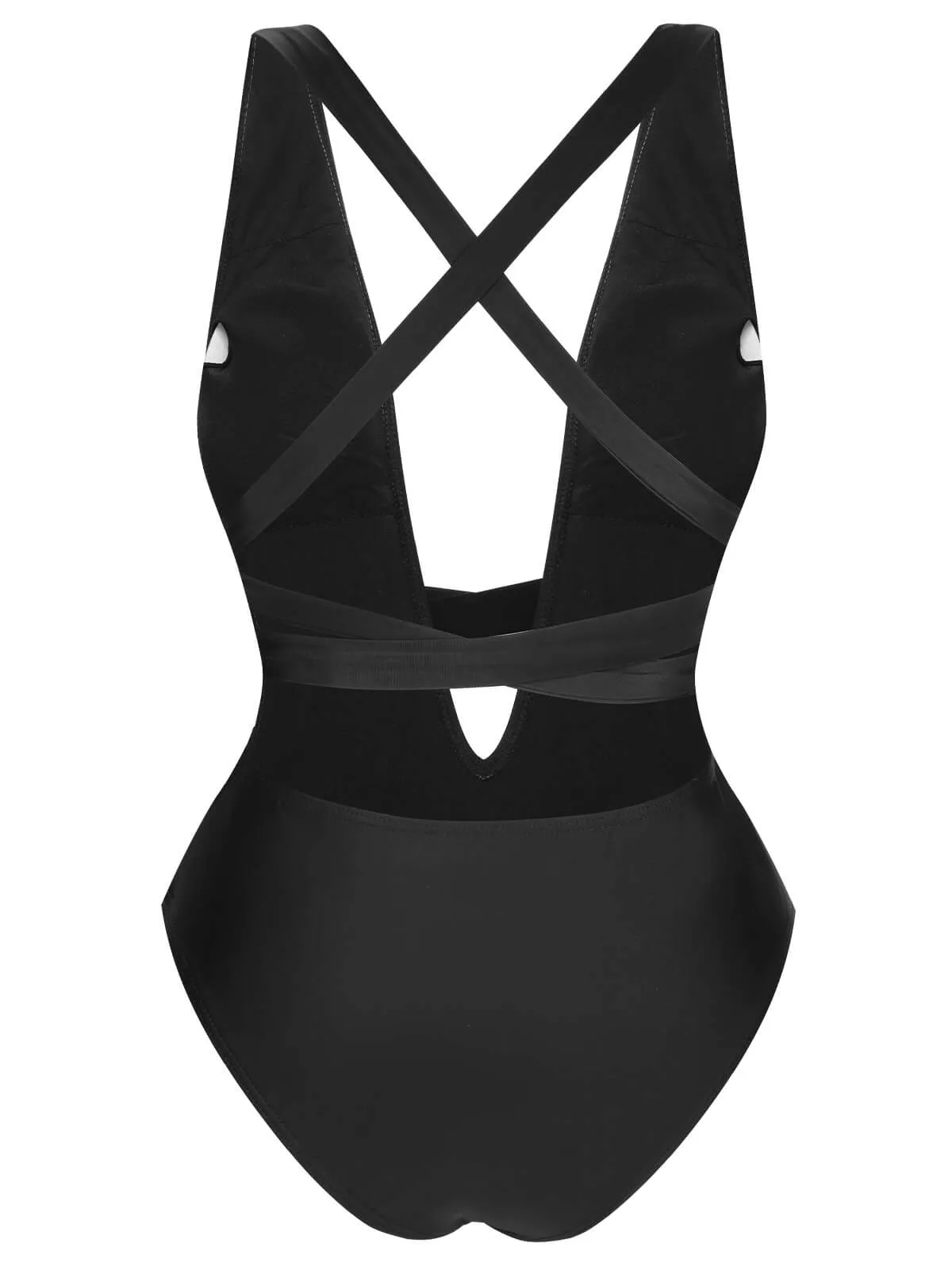 Black 1960s Solid Deep V-Neck Bandage Swimsuit