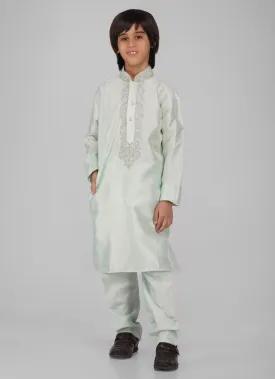 Boy's Mint Green Zari Embroidered Raw Silk Kurta Pajama Set