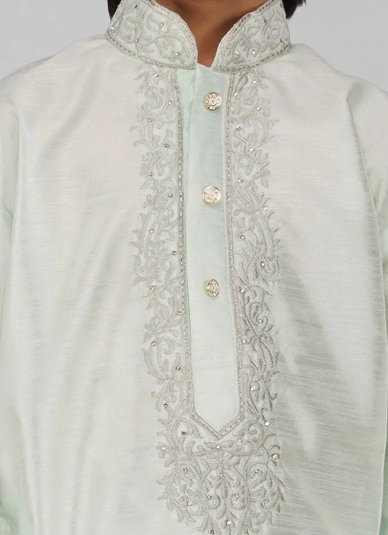 Boy's Mint Green Zari Embroidered Raw Silk Kurta Pajama Set