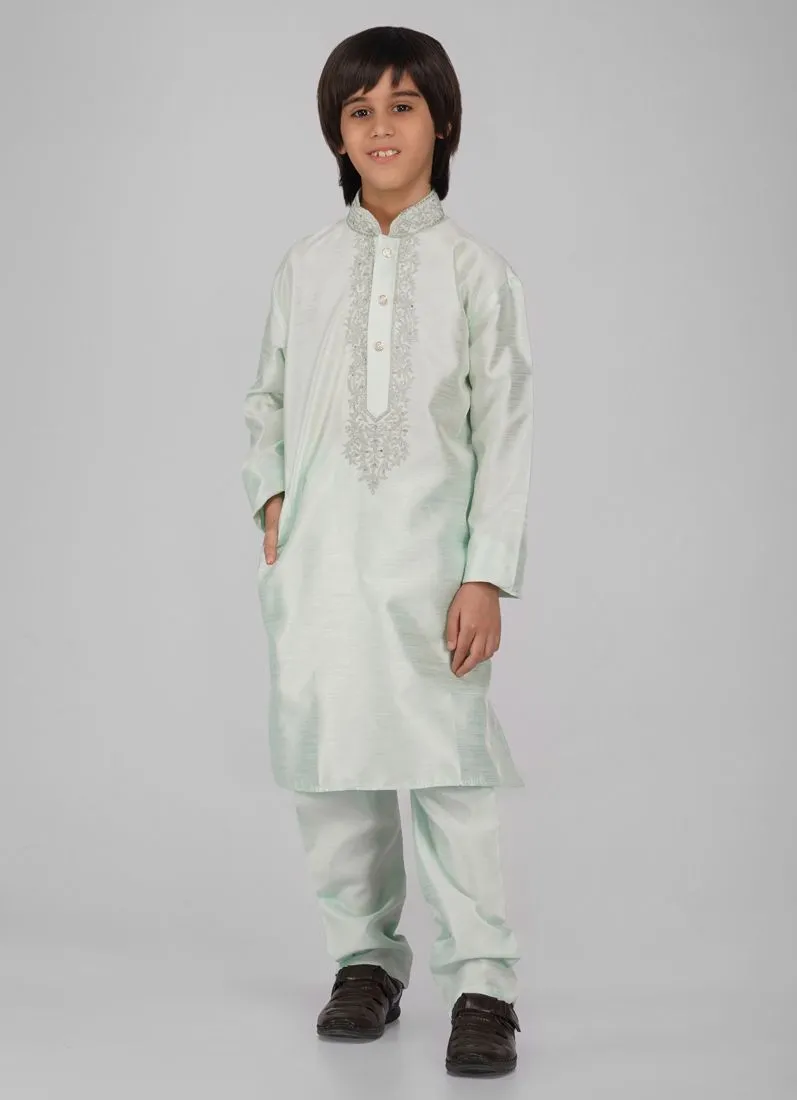 Boy's Mint Green Zari Embroidered Raw Silk Kurta Pajama Set