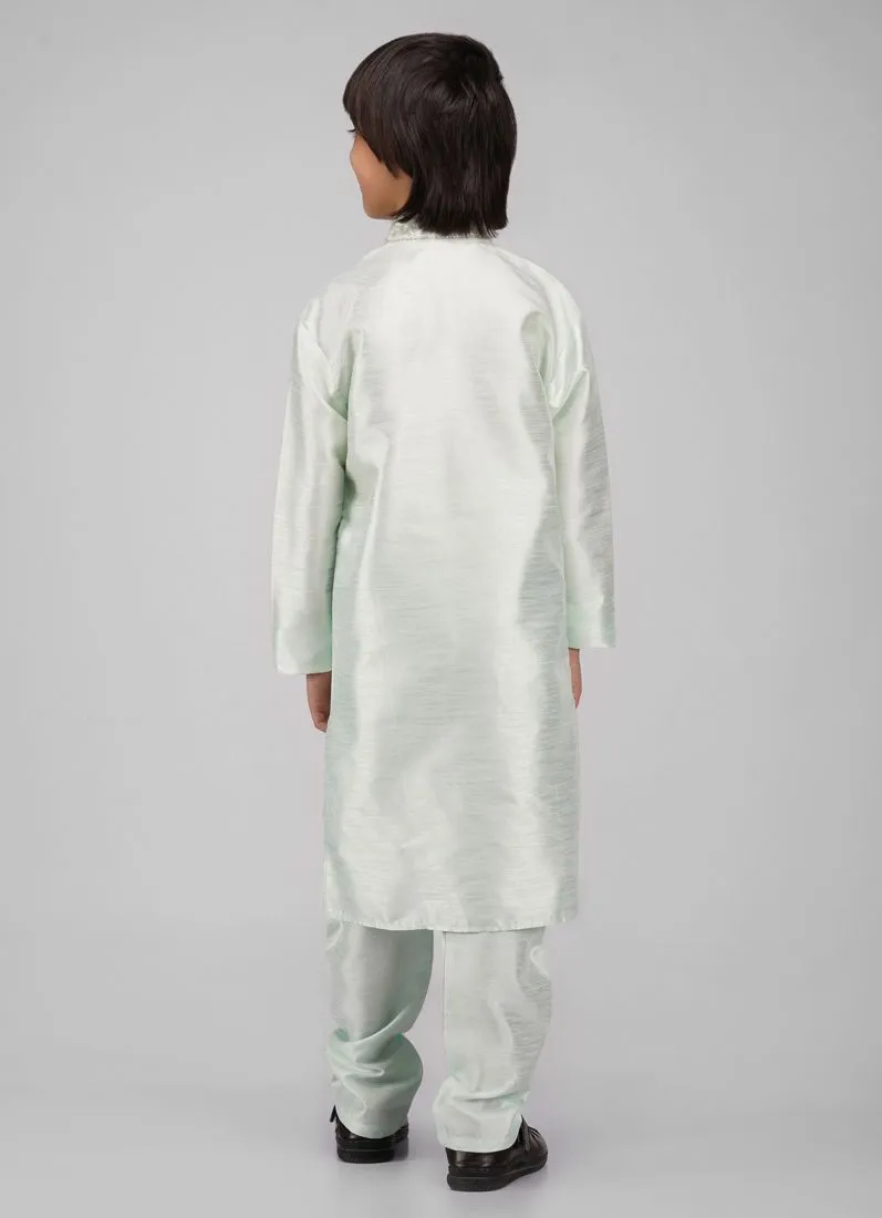 Boy's Mint Green Zari Embroidered Raw Silk Kurta Pajama Set