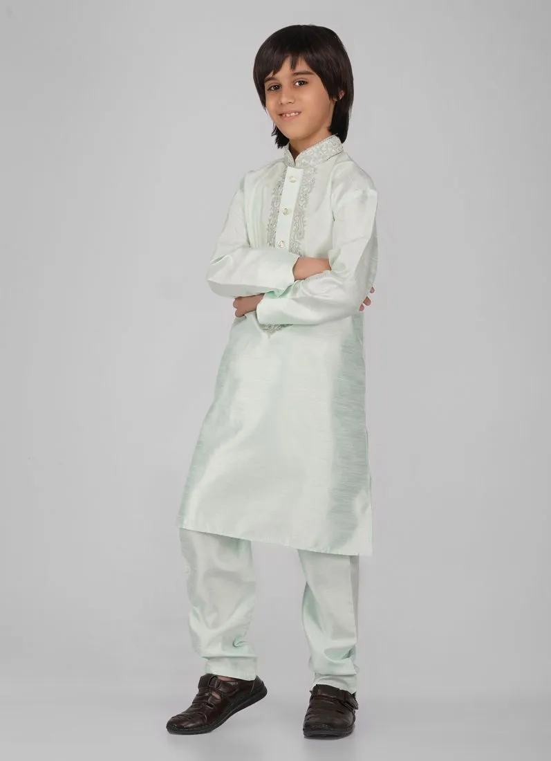 Boy's Mint Green Zari Embroidered Raw Silk Kurta Pajama Set