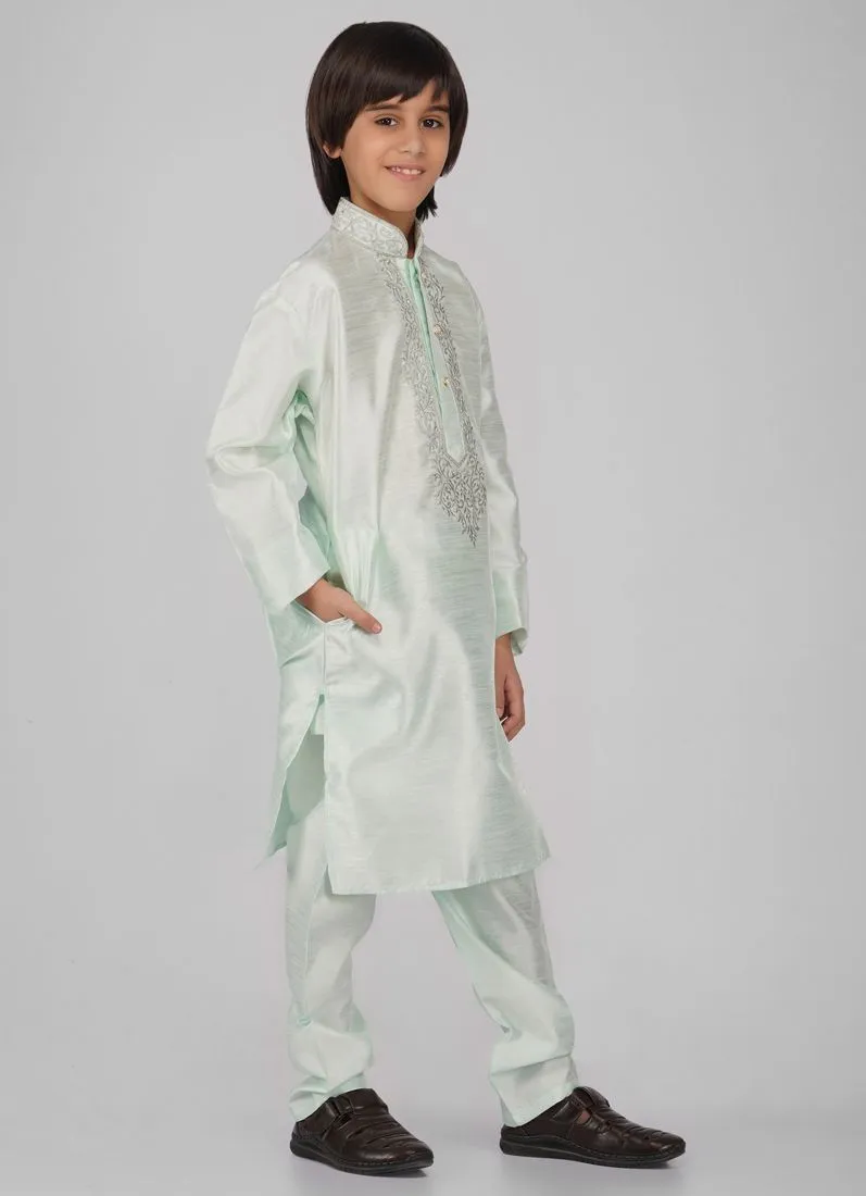Boy's Mint Green Zari Embroidered Raw Silk Kurta Pajama Set