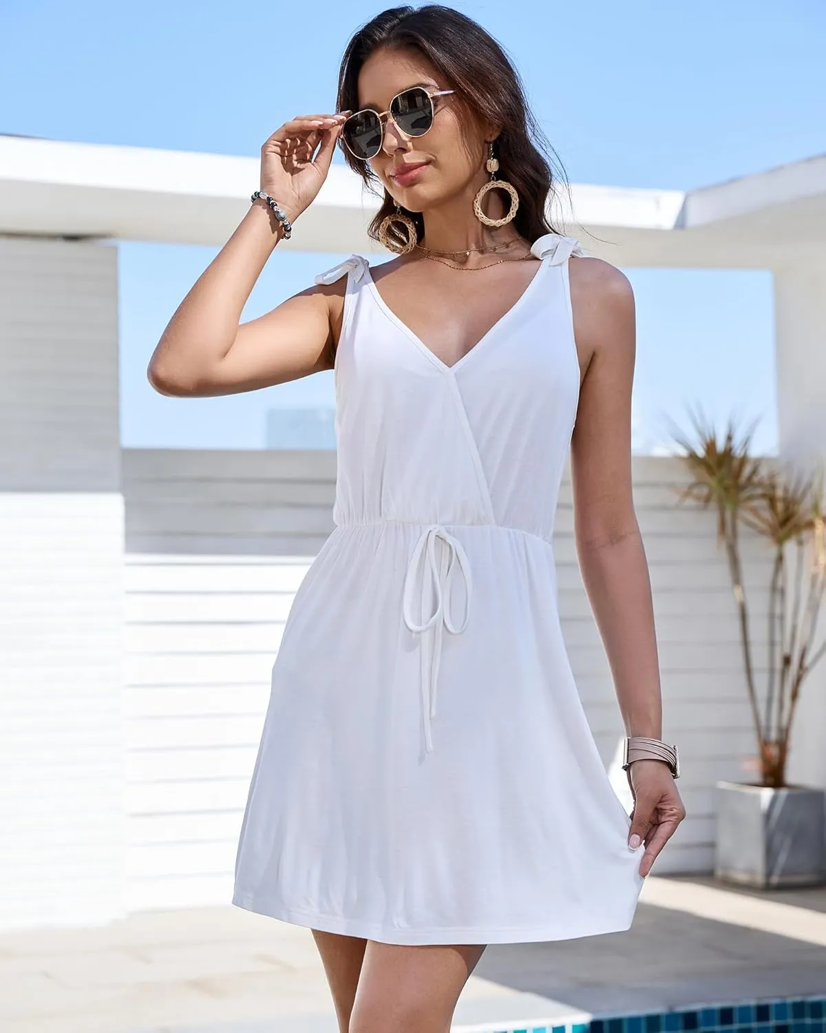 Bsubseach Beach Cover Ups Dress - Women V Neck Swimsuit Coverup Elastic Waist Summer Coverups for Swimwear Mini Dresses