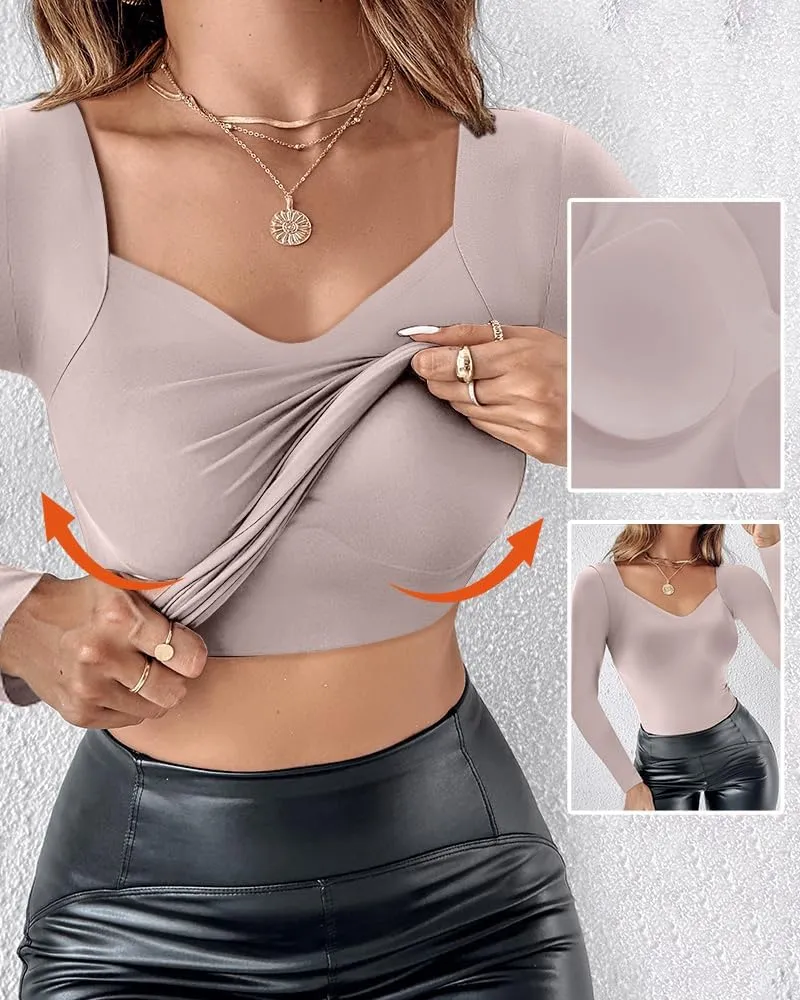 CHICME Womens Tummy Control Shapewear Tops Sweetheart Neck Long Sleeve Top Slimming Body Shaper Compression Shirt for Women