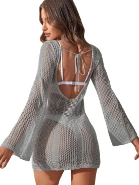COZYEASE Women's Long Sleeve Backless Knitted Cover Up Swimsuit Hollow Out Crochet Swimwear Beach Dress