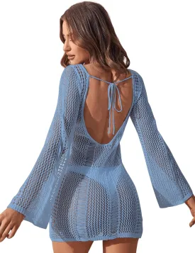 COZYEASE Women's Long Sleeve Backless Knitted Cover Up Swimsuit Hollow Out Crochet Swimwear Beach Dress