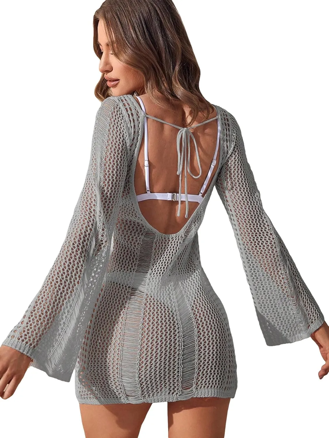 COZYEASE Women's Long Sleeve Backless Knitted Cover Up Swimsuit Hollow Out Crochet Swimwear Beach Dress