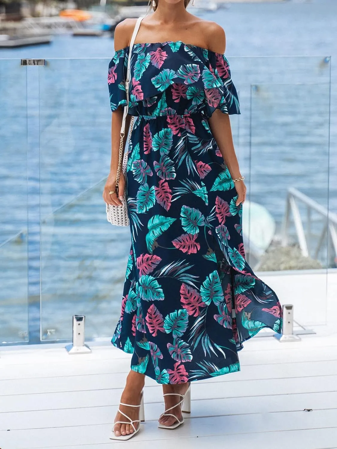 CUPSHE Women Ruffle Floral Maxi Summer Dress Off Shoulder Short Sleeve Backless Flounce Bodice Slit Hem Beach Dresses