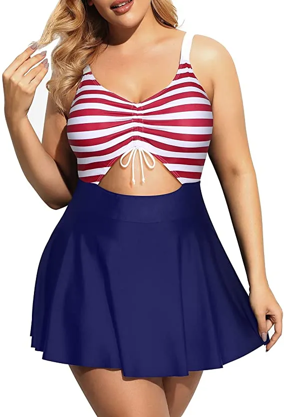 Curvy Black One Piece Cut Out Flared Skirt Swimsuit